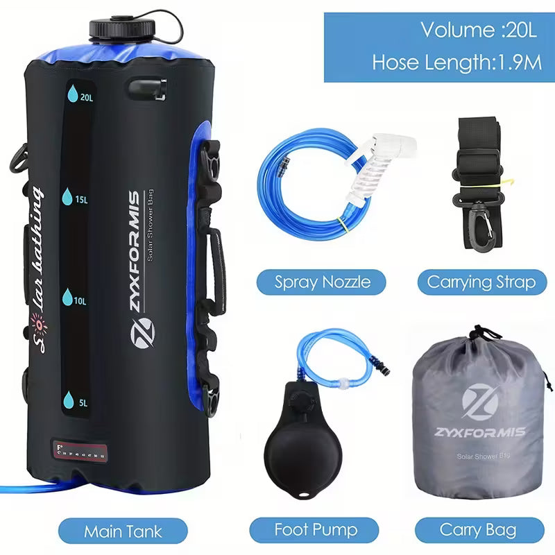 TPU Portable Shower Bag, 20L Camping Shower Bag with Foot Pump and Pressurized Shower Head