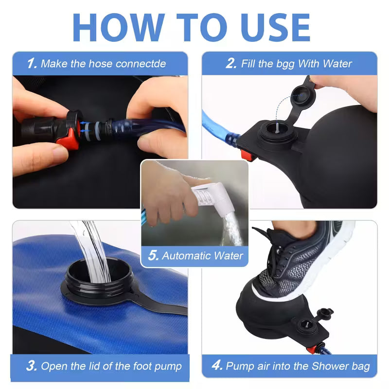 TPU Portable Shower Bag, 20L Camping Shower Bag with Foot Pump and Pressurized Shower Head